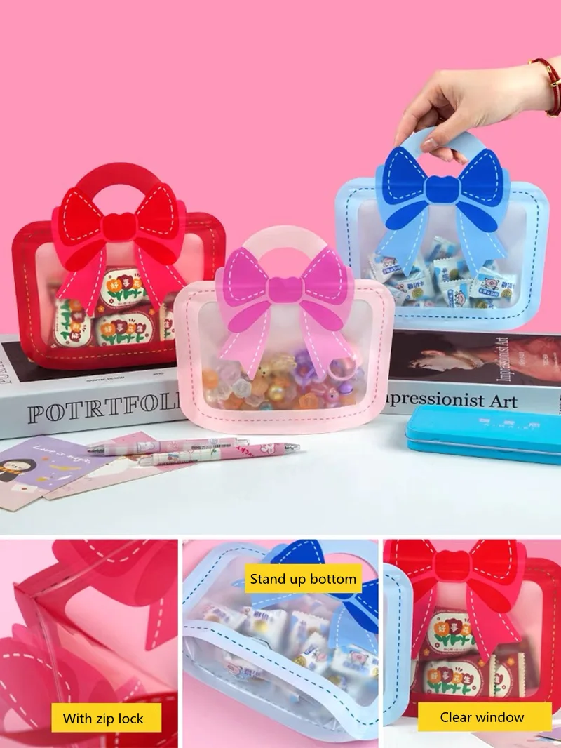 25pc Cute Red/Pink/Blue Bow Gift Plastic Bags Display Window Candy Zip Lock Packing Pouch For Wedding Girls Birthday Party Favor