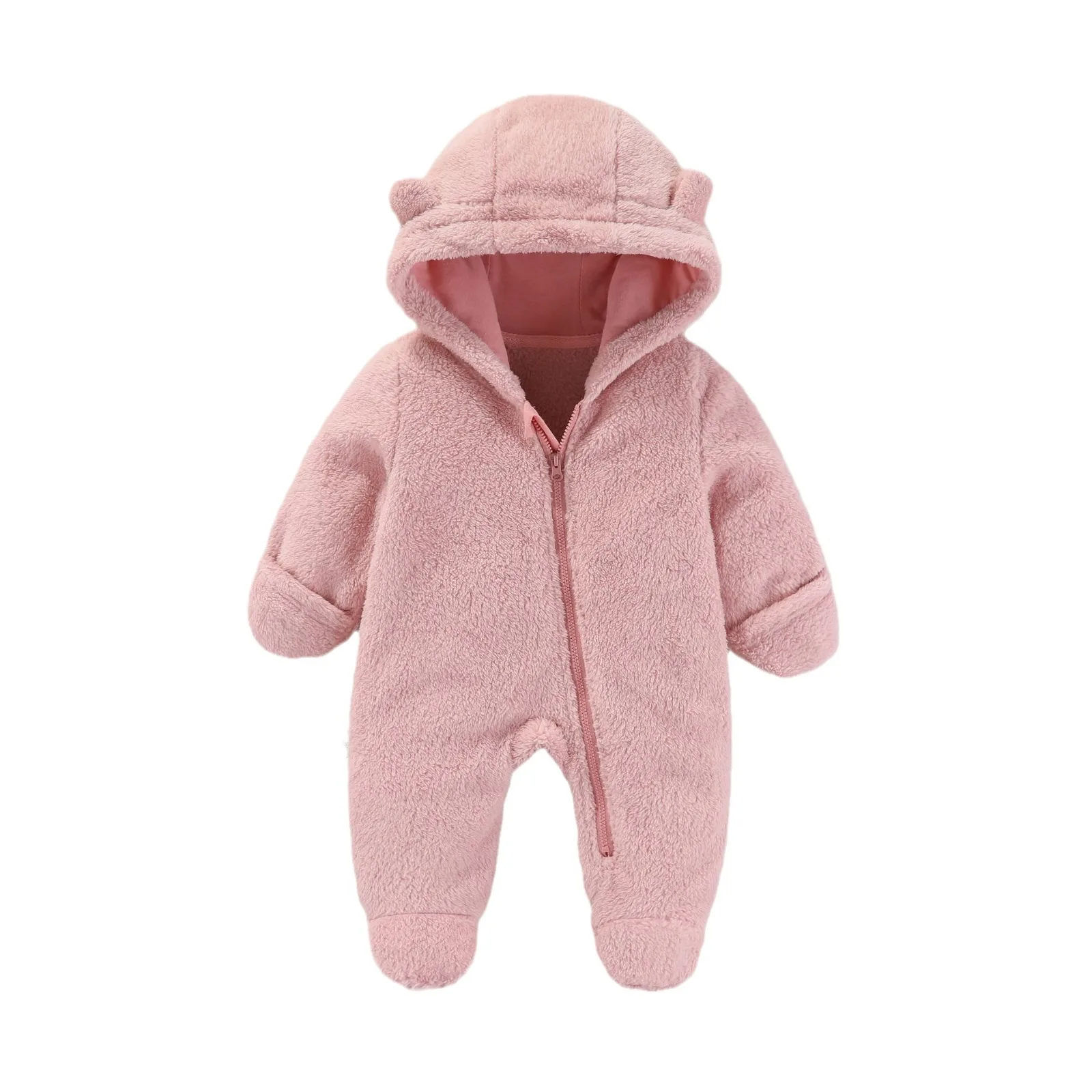 Autumn Winter Newborn Girls Rompers Bear Ears Hooded Solid Thicken Warm Plus Velvet Baby Girls Bodysuit Infant Girls Jumpsuit