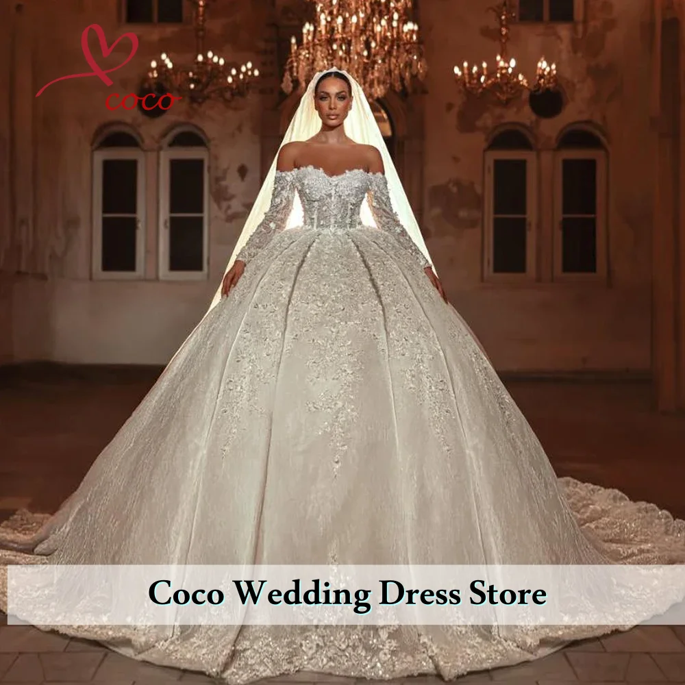 فساتين زفاف فاخرة مخصصة على شكل كرة فساتين زفاف فاخرة على شكل قلب قبالة الكتف دانتيل مطرزة فستان زفاف ملكي فيستدو دي نوفيا #1