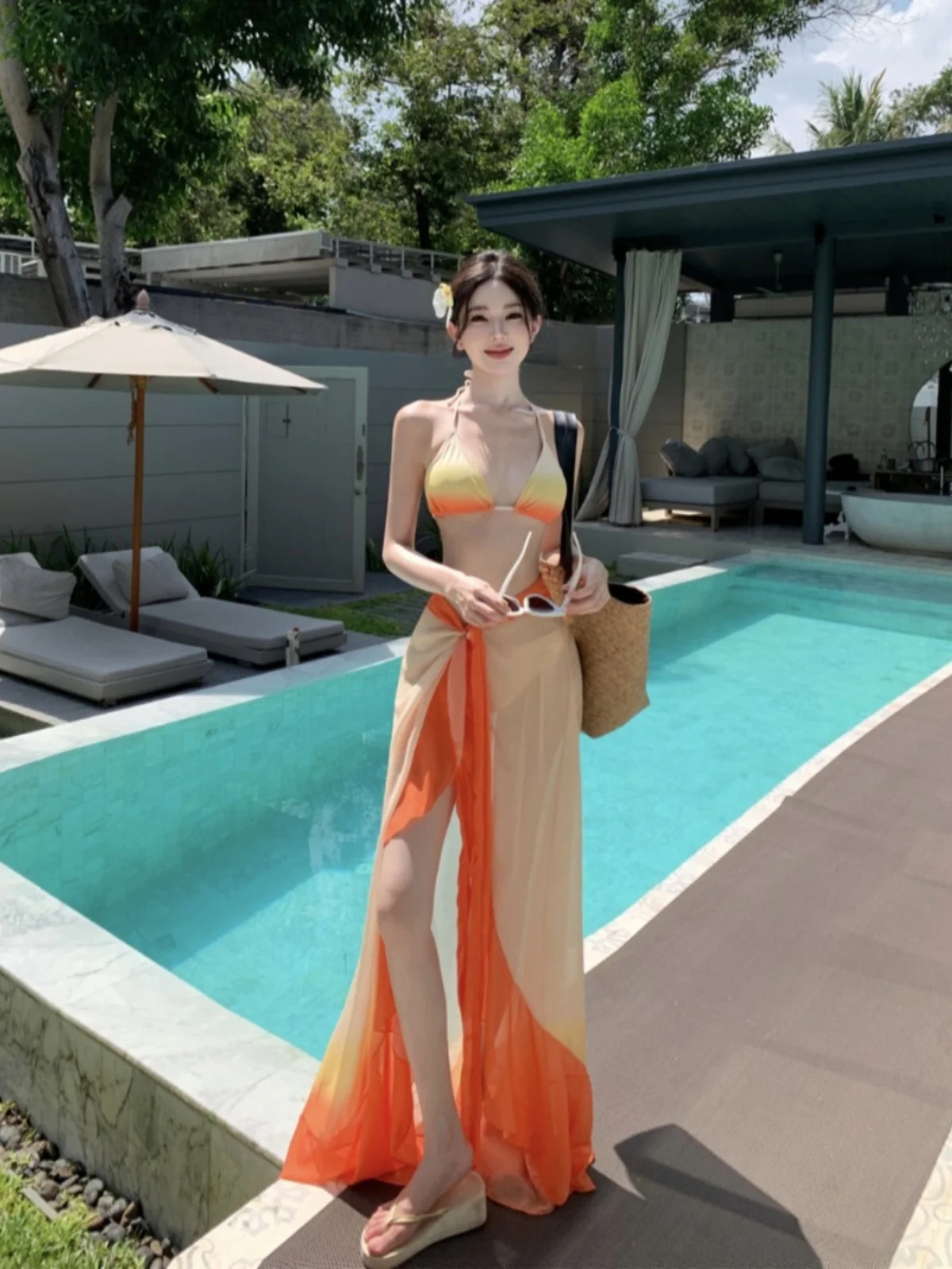 Reizen Strandkleding Bikini Sexy T-stuk Set adient Chiffon Vloerlengte Dr V-ne Lange Broek Casual Faion Ensemble