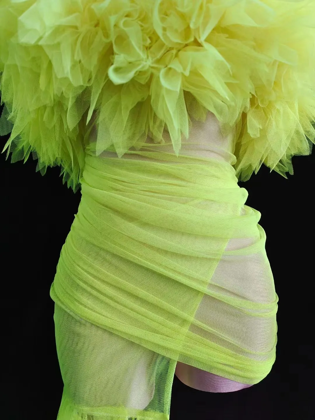 Neongrün Mesh Blumen kleid sexy transparent lange Zug Kostüm Geburtstag Abschluss ball feiern Outfit Abend Nachtclub DJ Kostüm