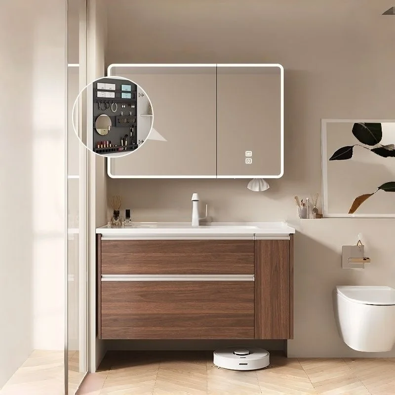 Walnut medieval bathroom cabinet combination drawer stainless steel pull basket washbasin bathroom ceramic