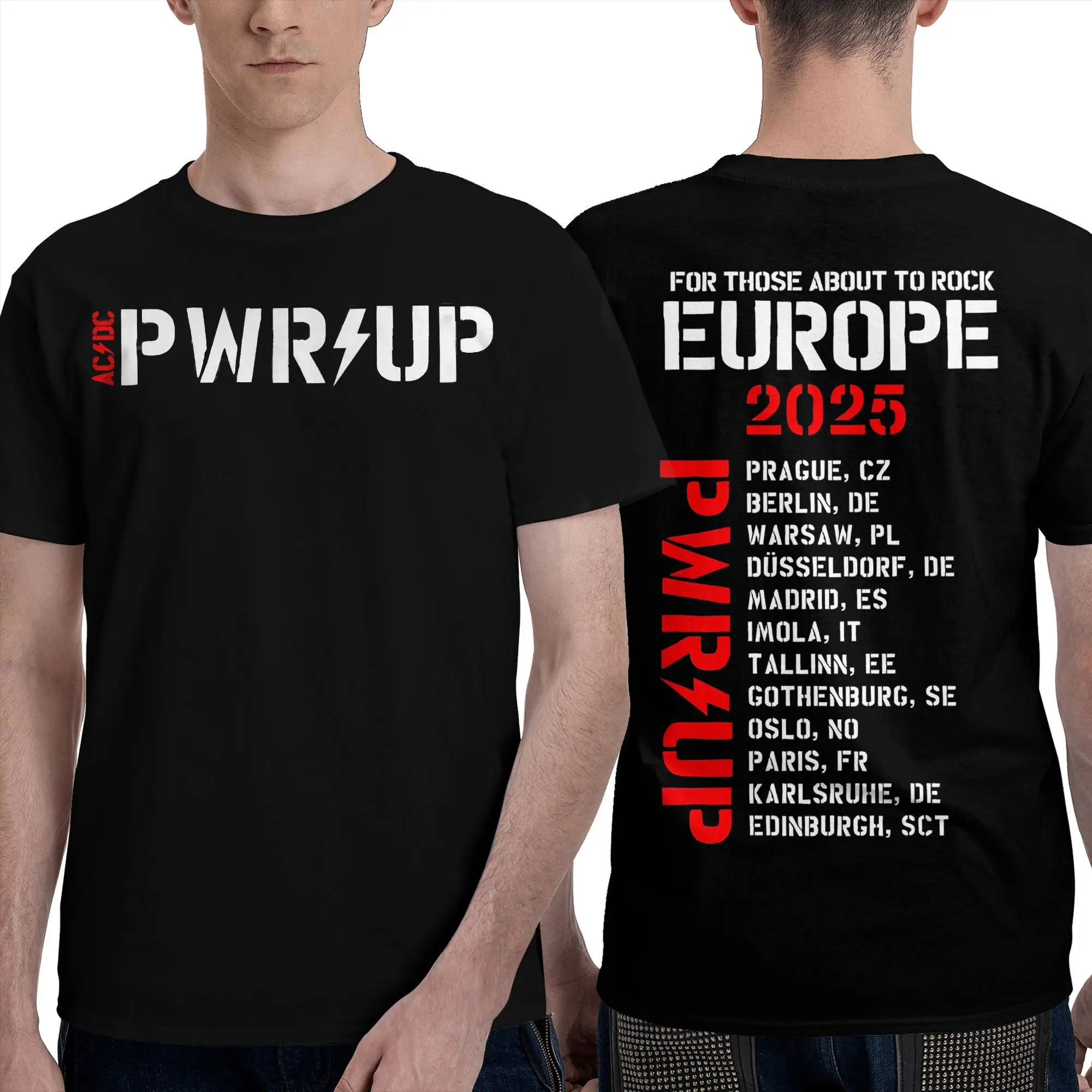 التيار المتناوب Pwr Up جولة حول العالم تيار مستمر أوروبا 2025 الجرافيك المطبوعة تي شيرت الرجال النساء 100% تي شيرت الملابس