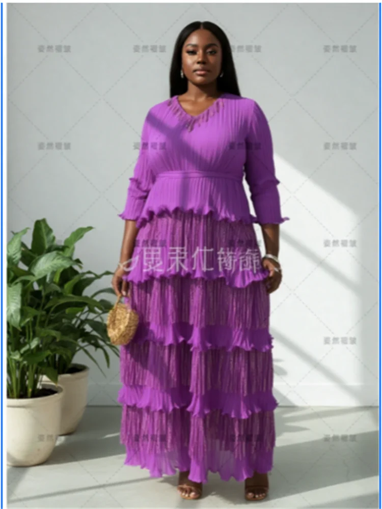 

Miyake Fashion Dress Solid Color Pleats Style Women's V Neck Lace Up Casual A Line Dresses 2025 Summer New Tide