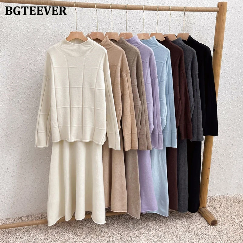 BGTEEVER Autumn Winter Fashion Loose Women Knitted Skirt Set Long Sleeve Turtleneck Sweaters Tops & High Waist A-line Skirts