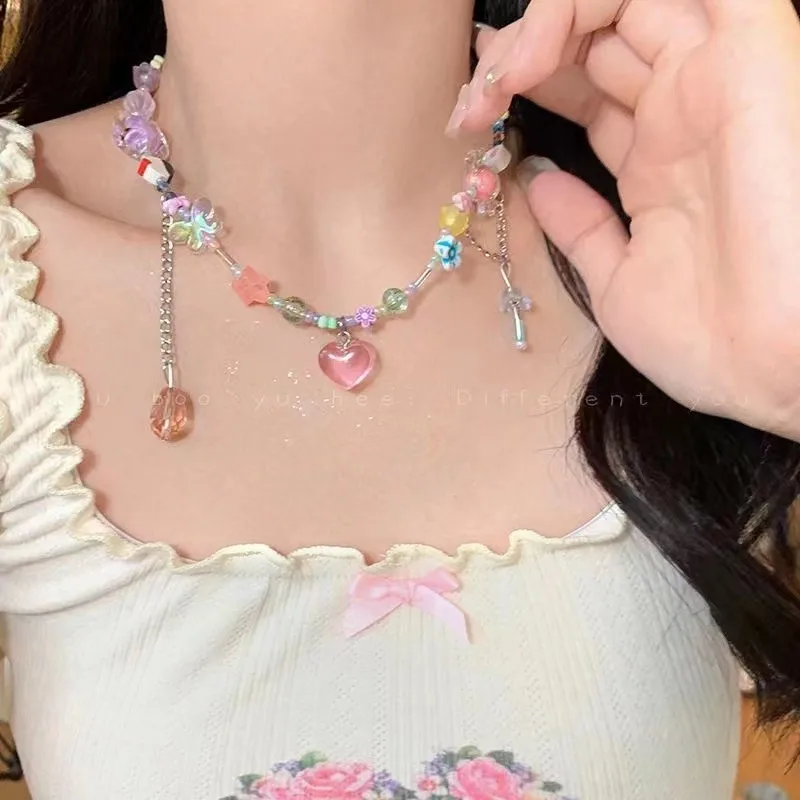 

Korean Exquisite Retro Flower Love Heart Beaded Necklace For Women Personality Simple Cool Clavicle Chain Fashion Y2K Jewelry