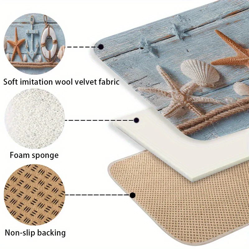 Coastal Beach Themed Long Bath Runner Mat Anti Slip Water Absorbent Rug Starfish Shell Anchor Decor Carpet for Entrance Laundry view 3