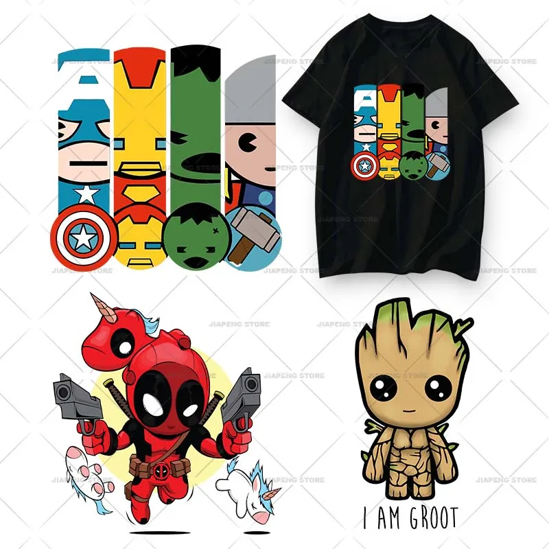 Iron Man Cartoon Thermal Stickers for Clothes Groot Heat Transfer Spiderman Patches Iron on Transfer Children Patches Gift DIY