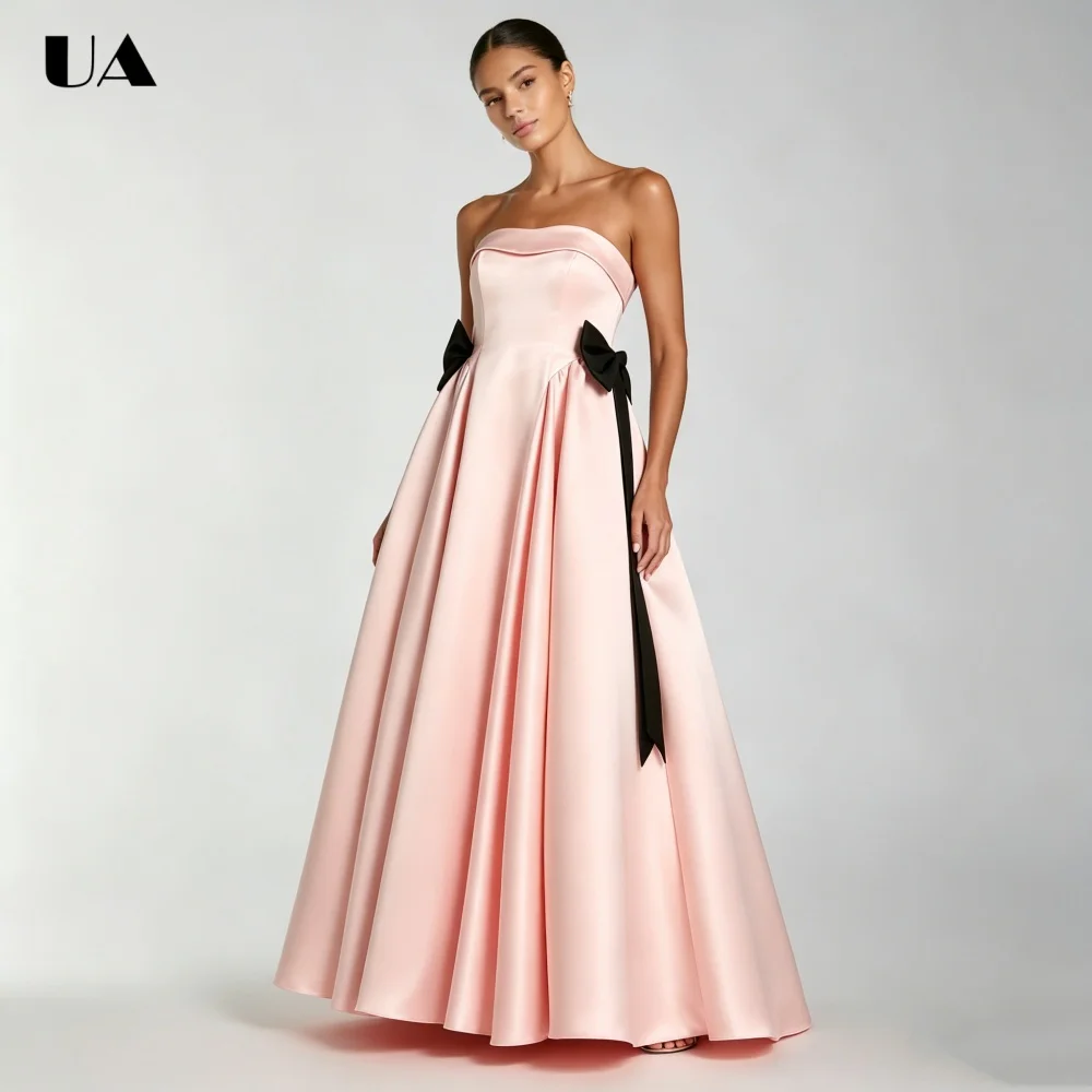 

ULBYANRY Customized Satin Strapless Bows Prom Dress for Woman, Elegant A-line Evening Dress, Fashionable Sleeveless Ball Gown