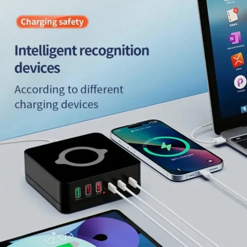 980W 6-Port GaN Fast Charging Station USB C USB A Wireless Charger Pad for Multiple Devices iPhone Laptop Home Office Travel