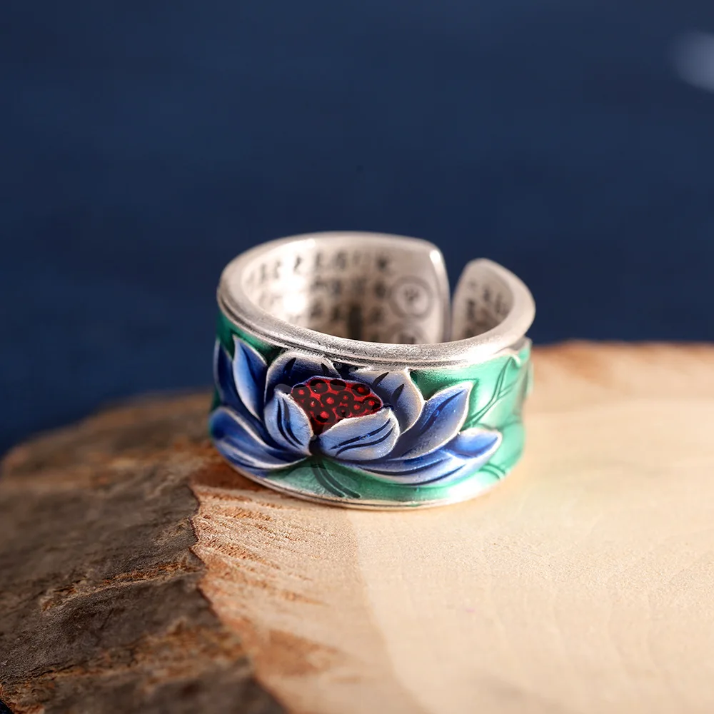 

Uglyless HOT SALE Embossed Lotus Rings for Women 100% Real 999 Pure Silver Heart Sutra Buddhism Ring 10MM Wide Religious Jewelry