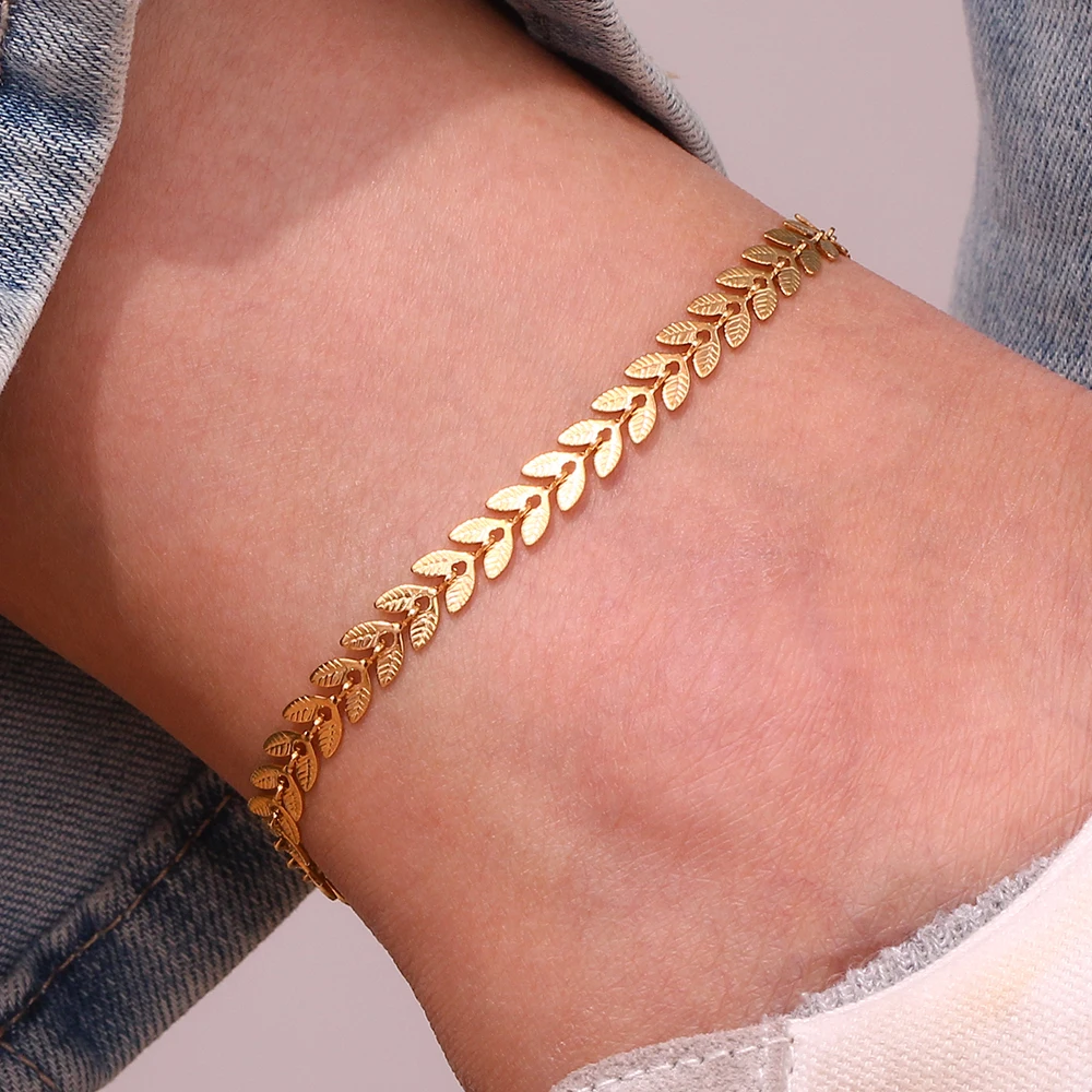 Women's Elegant Leaves Chain Necklace & Fishtail Chain Bracelet Anklet Set, Gold Plated
