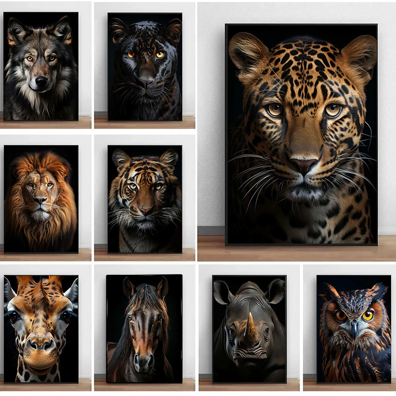 Black Lion Cool Animal Portrait Canvas Painting Poster Wall Art Nordic Deer Tiger Wolf Aesthetic Picture for Living Room Decor
