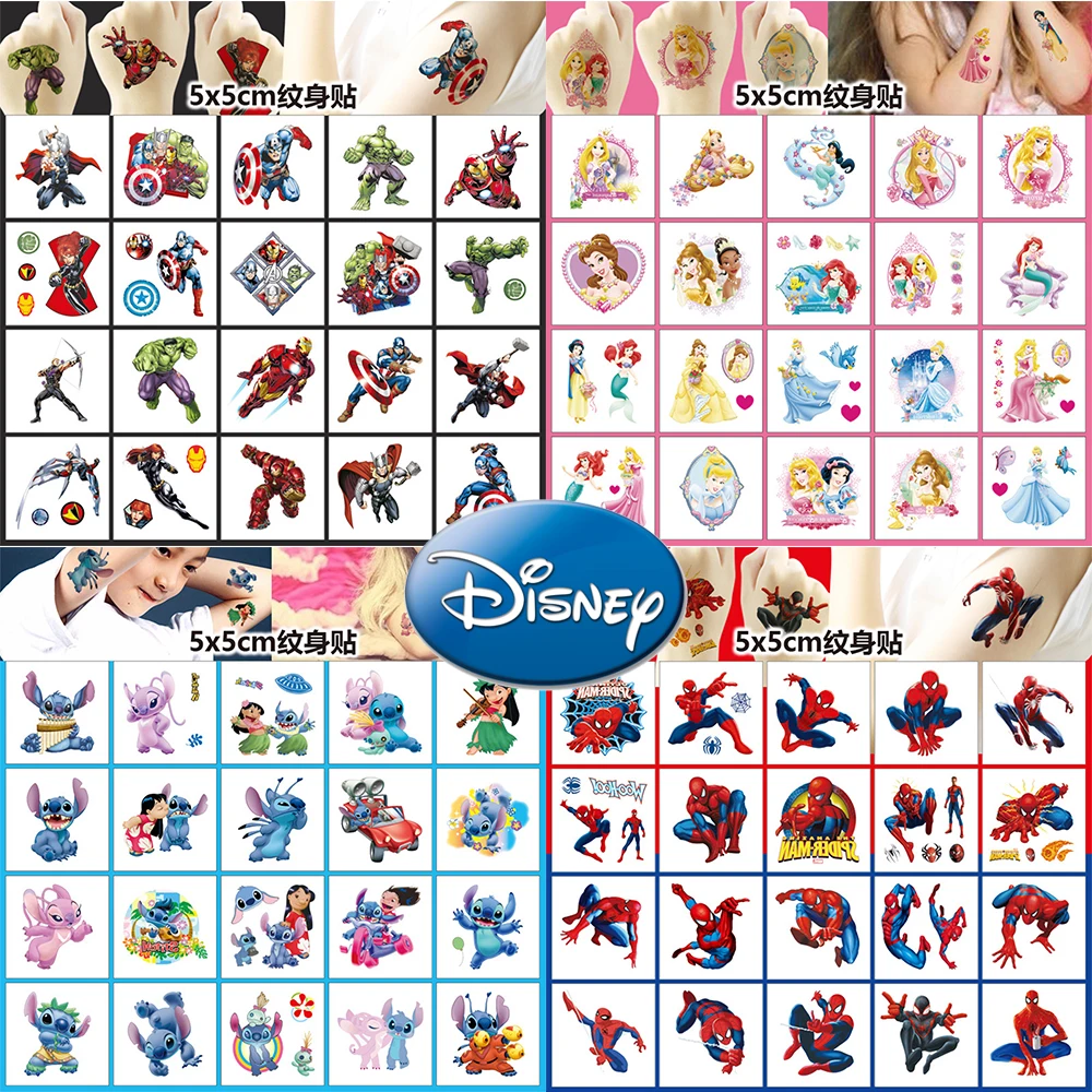 20pcs Disney Anime Tattoo Stickers Princess Spider Man Stitch The Avengers Waterproof Temporary Body Arm Tattoos Decals Kids Toy