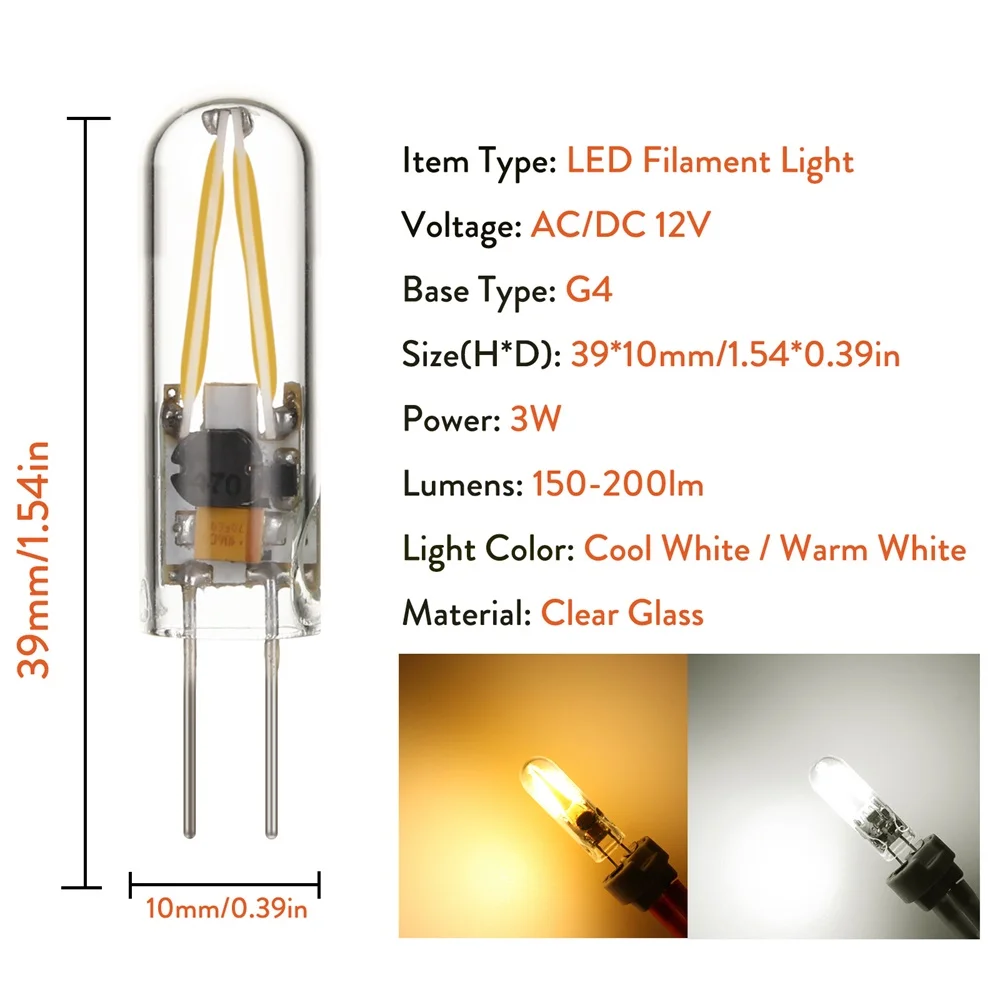 5PCS G4 LED Light Bulbs 12V Home Lighting Filament Bulb Bombillas Glass Cool White 6000K Warm 3000K 3W Chandelier Spotlight COB