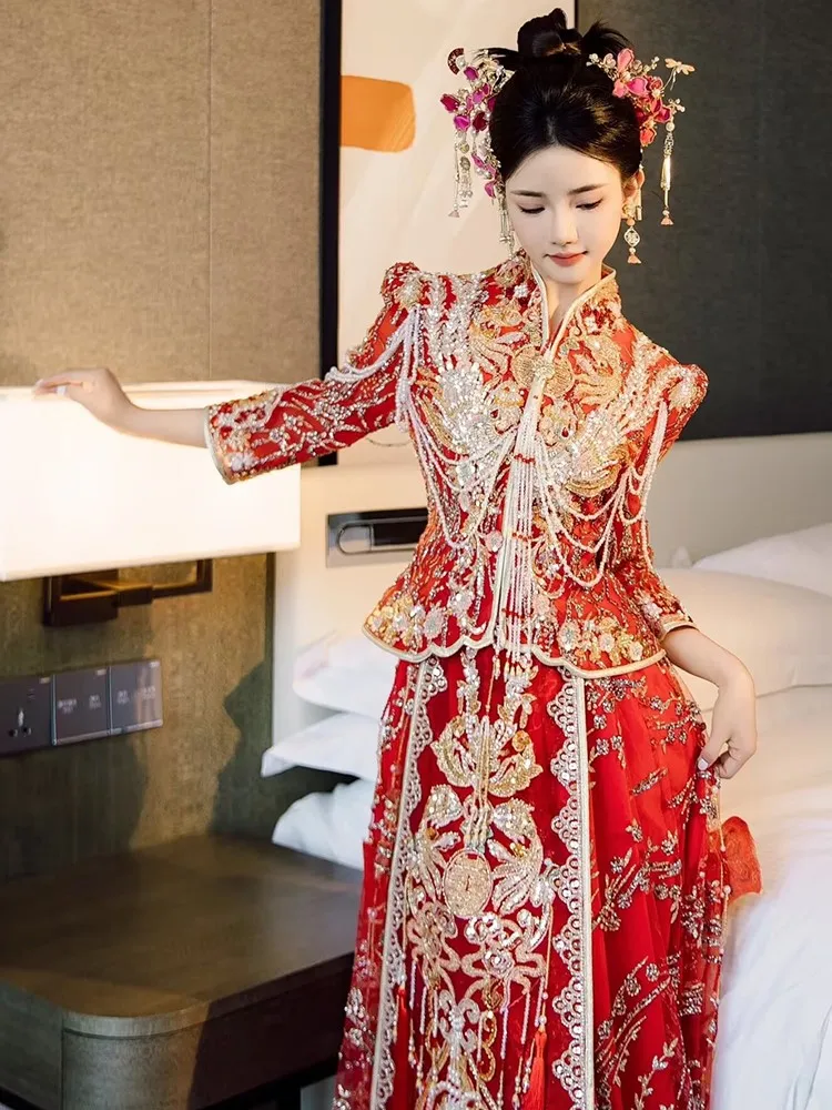 

Новый стиль дракона и феникса Гуа, свадебное платье в китайском стиле, платье для невесты, тяжелое тонкое