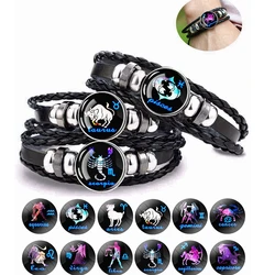 12 Zodiac Signs Black Braided Bracelet Fashion Men's Jewelry Leo Pisces Aries Capricorn Aquarius Gemini Bracelet Birthday Gift