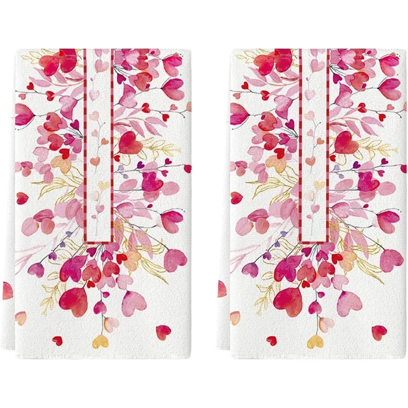 2pc Valentine's Day Romantic Heart-Shaped Leaf-Patterned Kitchen Towel 40*60Cm Towel Set Super Absorbent Soft Cleaning Cloth