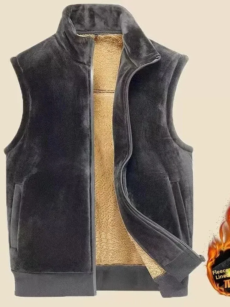 Lamb Velvet Thickened Fleece Lined Stand Collar Vest Men's Autumn Winter New Style Double Sided Warm Large Size Jacket