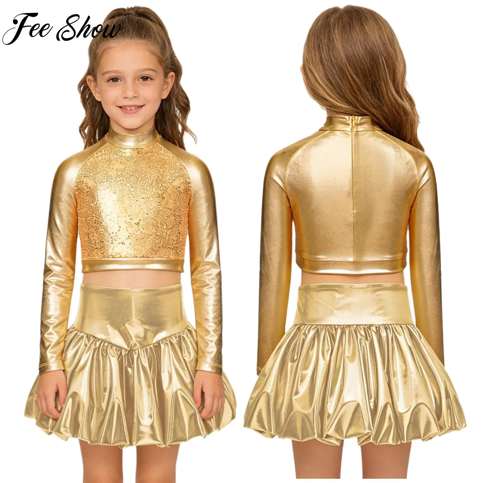 キラキラ輝くスパンコールジャズヒップホップダンスセット女の子子供用モダンラテンサンバダンス衣装長袖メタリッククロップトップ-スカートセット