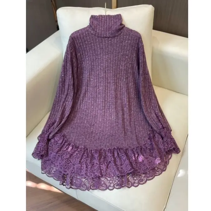 Autumn and Winter New Fashionable Style Lace Splicing Bottom Shirt Thin Solid Color Loose Look Casual Loose Long Sleeves Top