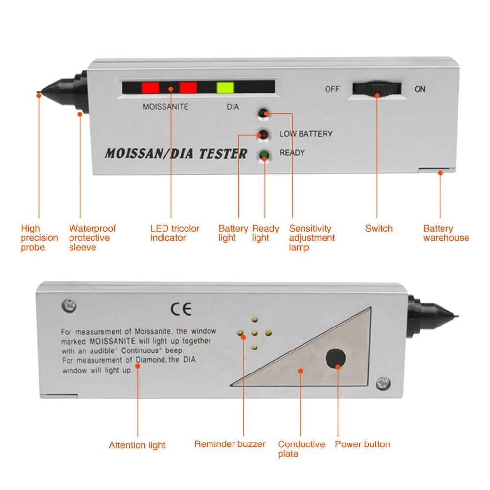 Home Moissan Tester Silver 9V Battery Diamond High Accuracy Jewelry Tools Moissanite Tester Plastic/Alloy Sensors