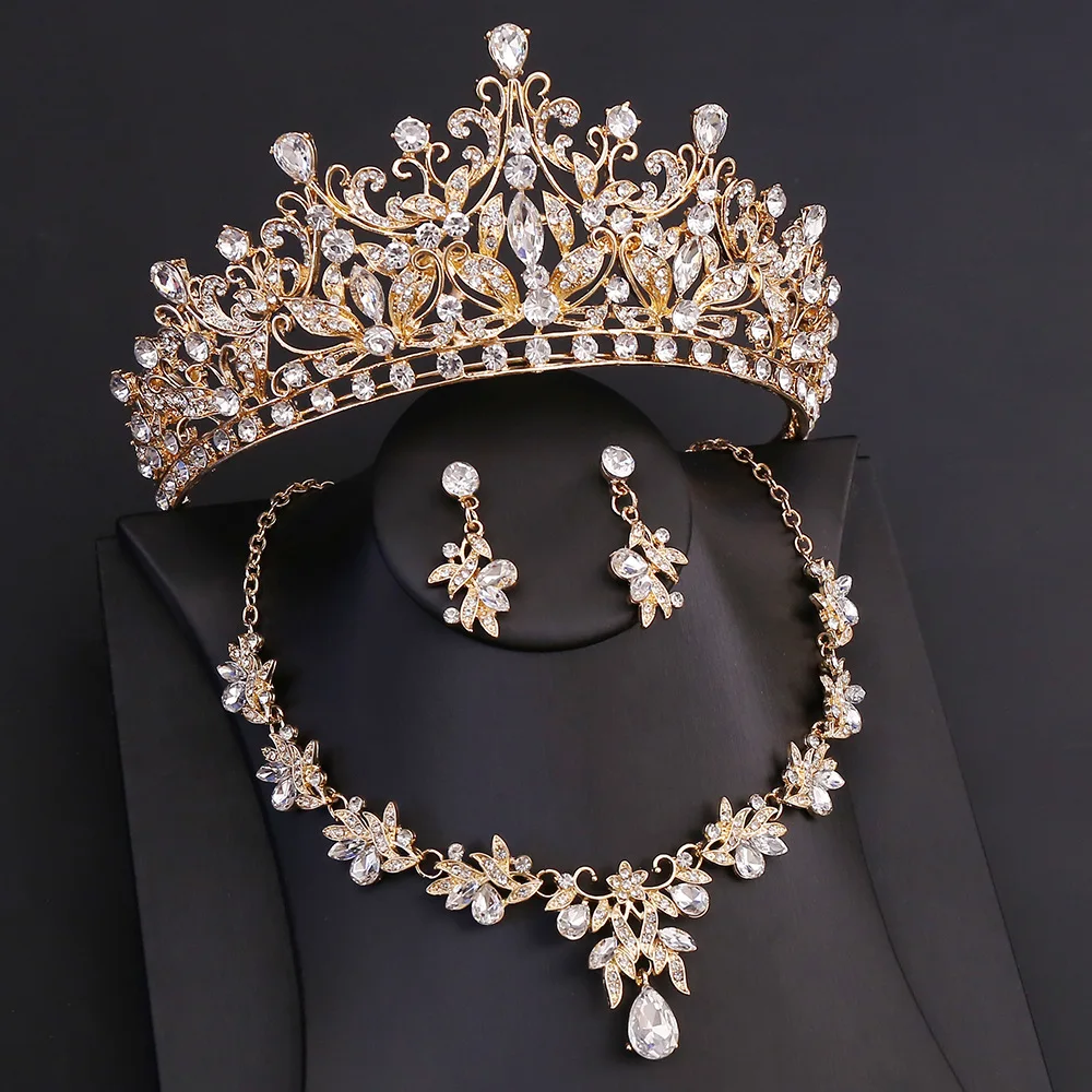 DIEZI Baroque Bridal AB Crystal Crown Princess Queen Luxury Flower Tiaras Necklace Earrings New Wedding Party Jewelry Sets