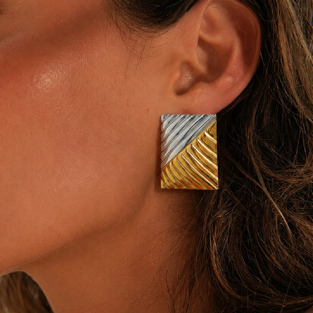 Punk 18K Gold Plated Stainless Steel Two Tone Diagonal Textured Square Stud Earrings Chunky Statement Earrings for Women