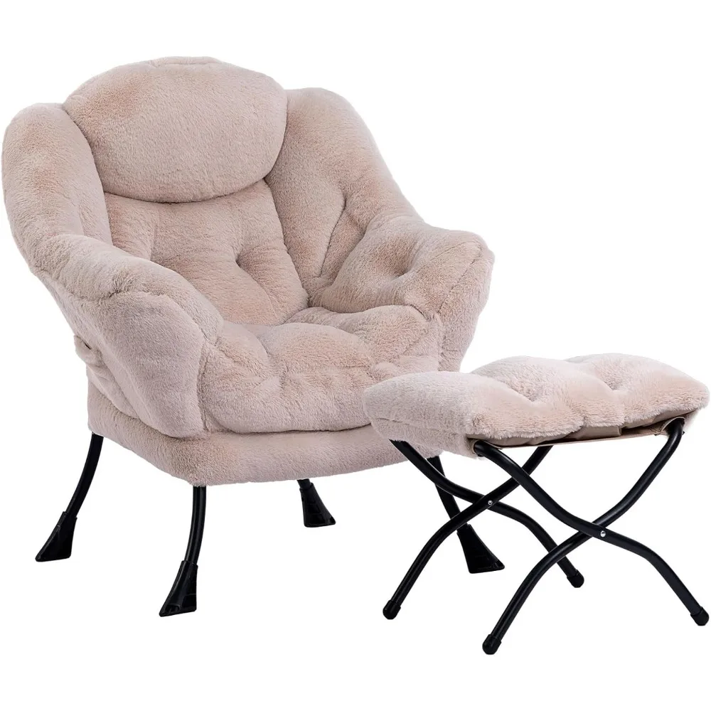 

Fabric Lazy Chair with Foldable Ottoman, Accent Comfy Lounge Arm Chair and Folding Footrest Stool Set, Leisure Sofa Reading Cha