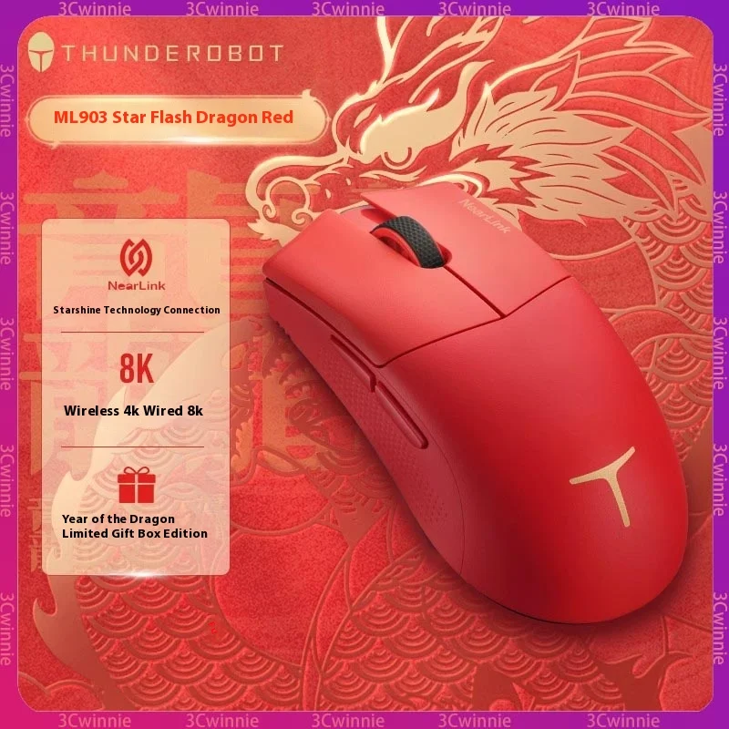 Thunderobot Ml903 The Year Of The Loong Limited Wireless Three Mode Lightweight Game Office Mouse 26000dpi 4kmouse Limited Gift