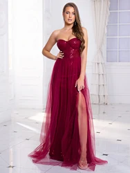 Strapless Sequined Evening Ball Gown Mesh Skirt Spring Summer Sleeveless A Line Long Floor Length Prom Dresses