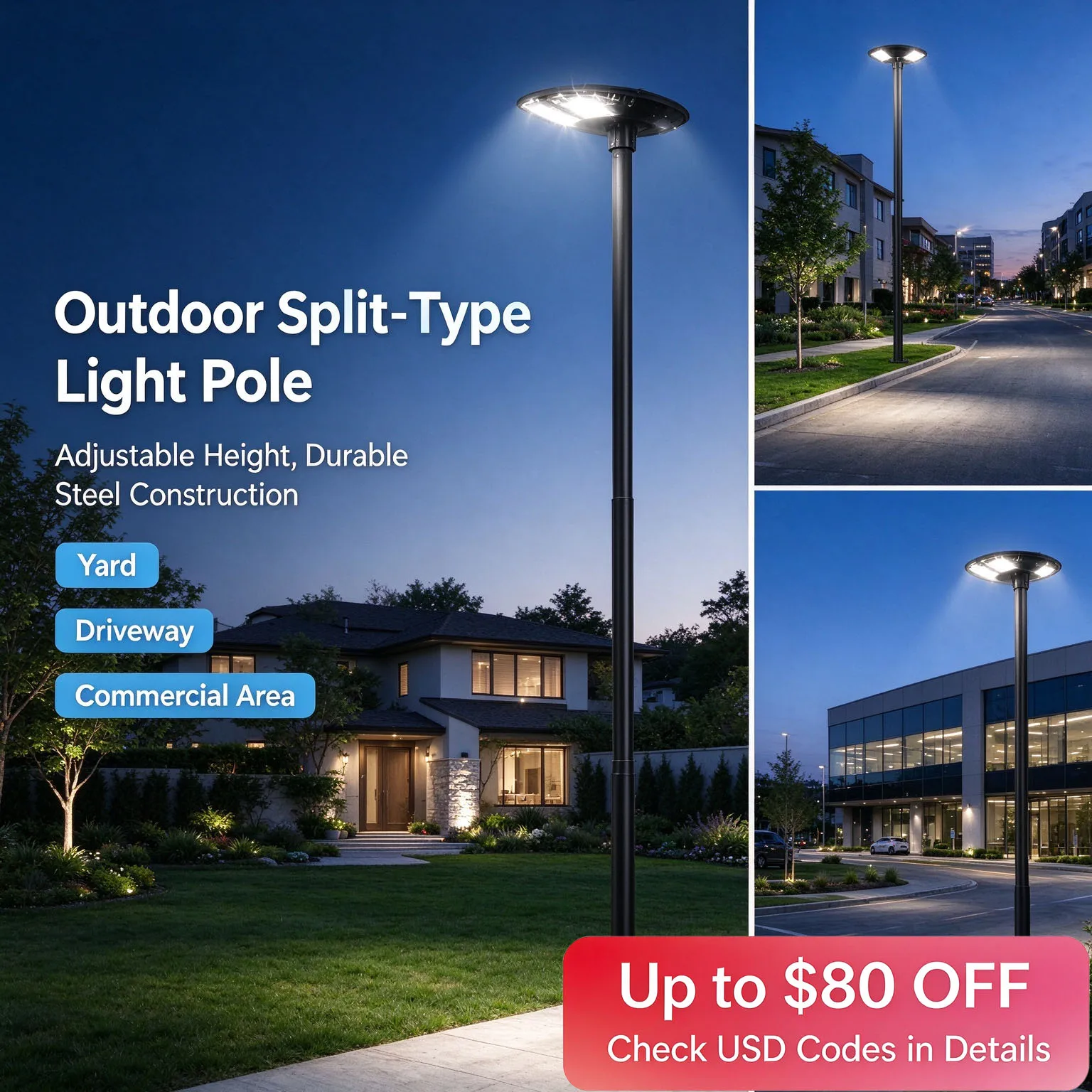 10 FT/13 FT Split Type Outdoor Light Pole Solar Light Poles Galvanized Steel Lamp Post Black Steel Easy Assembly for Garden Yard Courtyard
