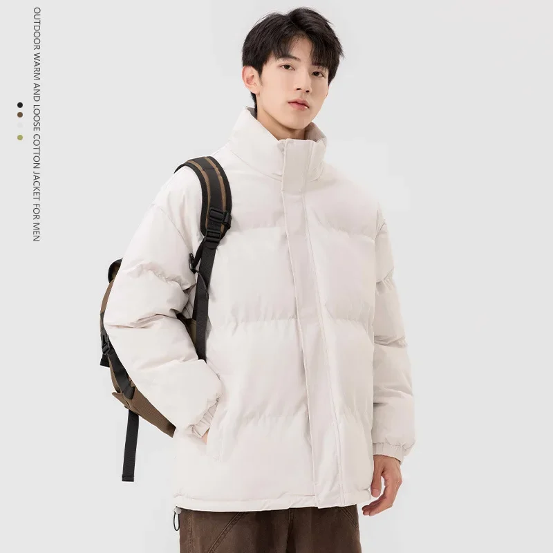 Winter New Fashion Men's Solid Color Stand Collar Long Sleeve Casual Trendy Simple Basic Loose Thicken Outdoor Quilted Coat Male