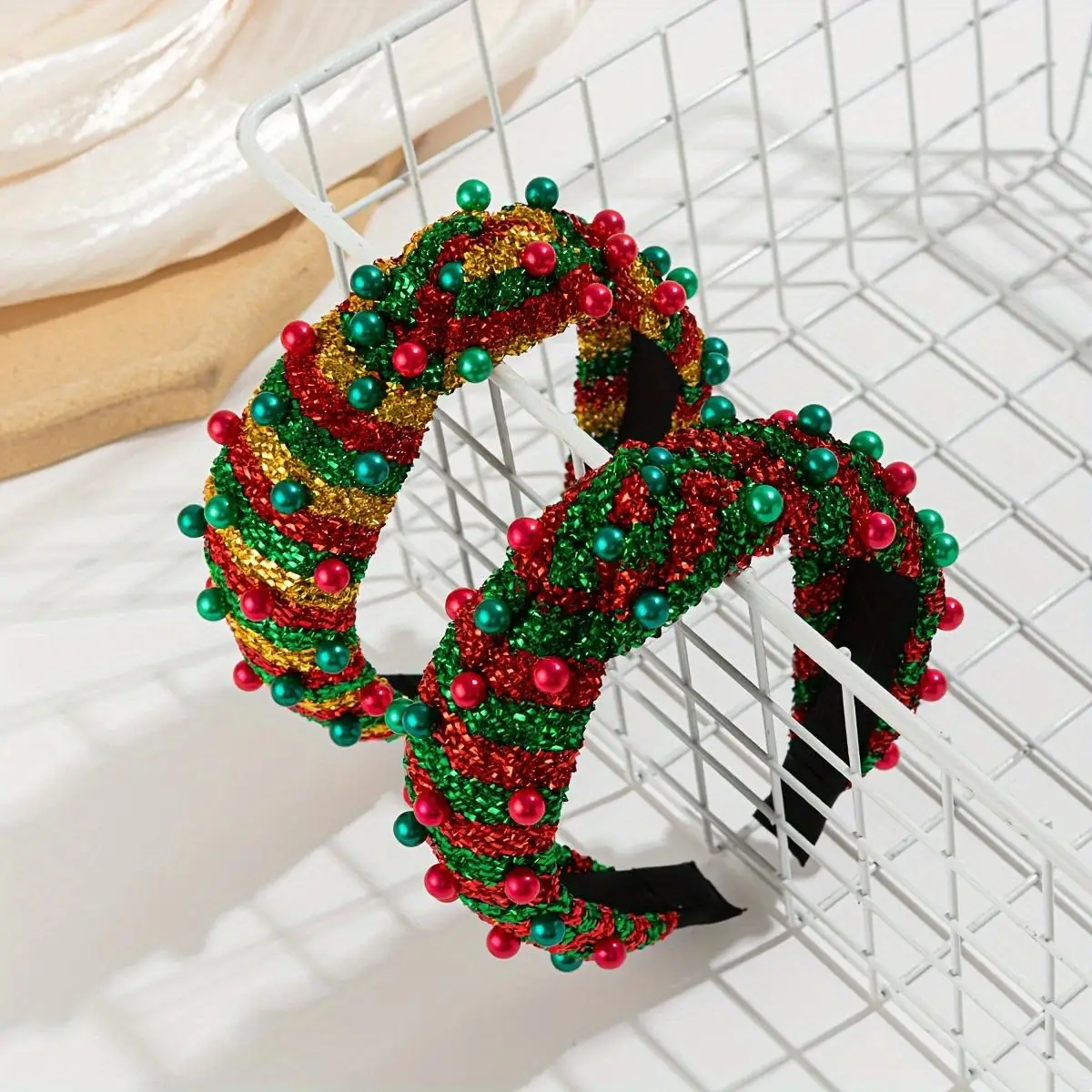 1 unidad de rayas de bloques de color de moda navideña con incrustaciones de perlas, diadema con temperamento brillante, accesorios para el cabello, fiesta y baile