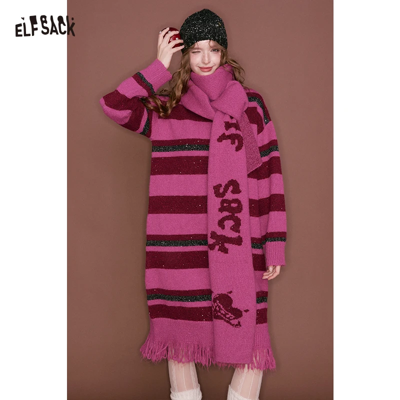 ELFSACK Women's Oversized Knit Dress with Striped Design & Fringe Hem, Matching Printed Scarf Long Sleeve Dress