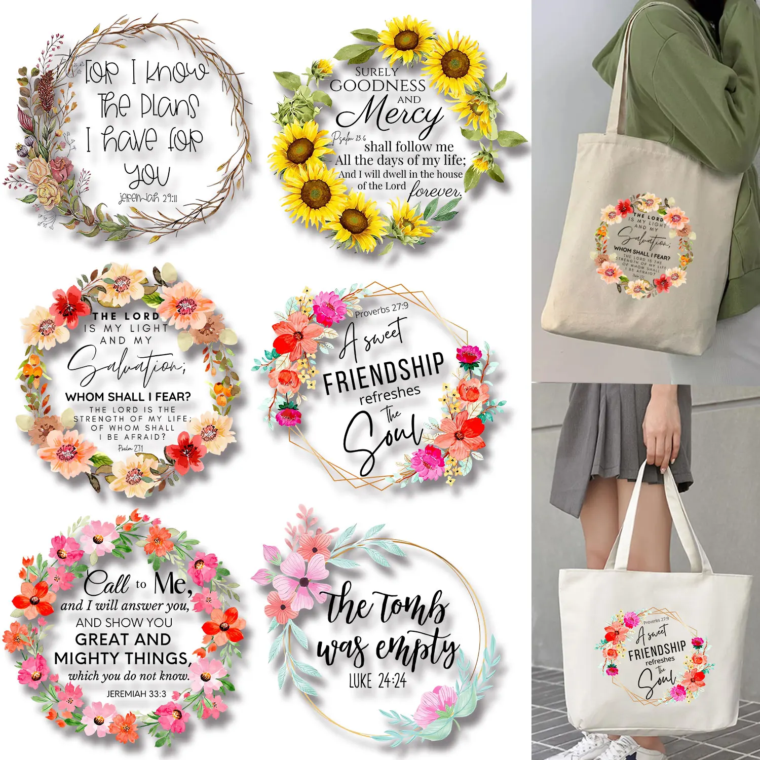 Garland Flower Crucifix Spring Summer Vibes Inspirational writing Iron on Picture on Clothes Easy to Use DIY Decoration