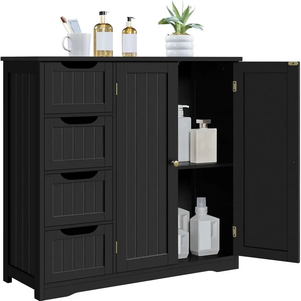 

Freestanding Black Bathroom Floor Cabinet with 4 Drawers and Double Doors, Storage Organizer for Entryway and Home Decor