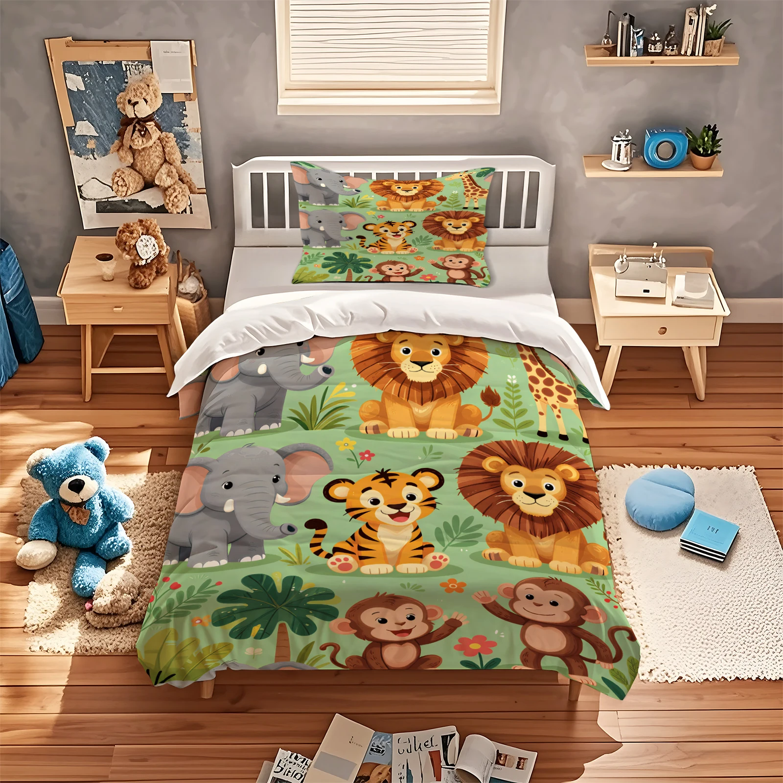 Cute Jungle Animal Duvet Cover Set Cartoon Lion Tiger Elephant Monkey Bedding Set Green Forest Bed Linen With Zipper Quilt Cover