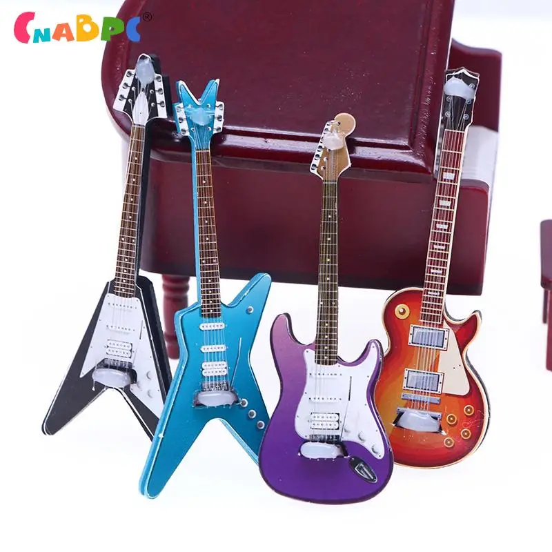 

1PC Dollhouse Miniature Simulation Electric Guitar Wood Popular Instrument Classical Pop Electric Guitars Mini Dolls Accessories