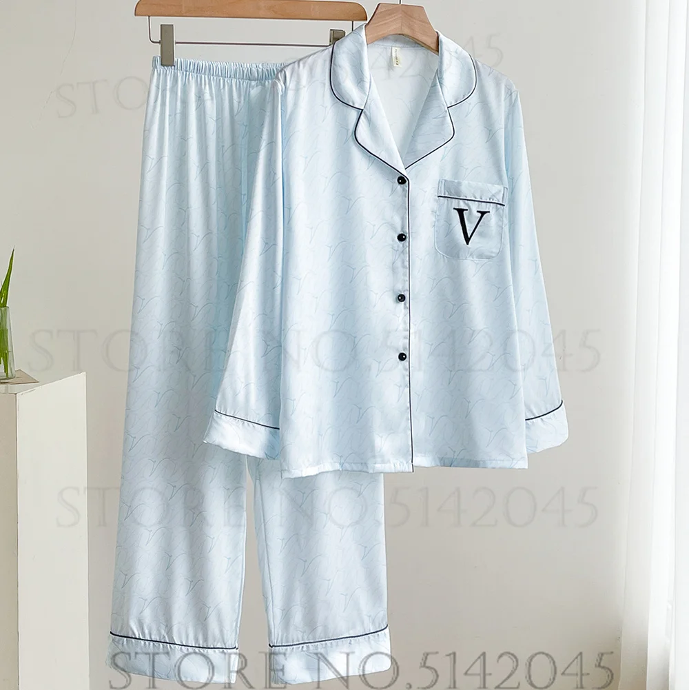 Female Pajamas Trouser Suit Blue Print Long Sleeve Pijamas Sleepwear Spring Summer Silky Satin Lounge Wear Loose Casual Homewear