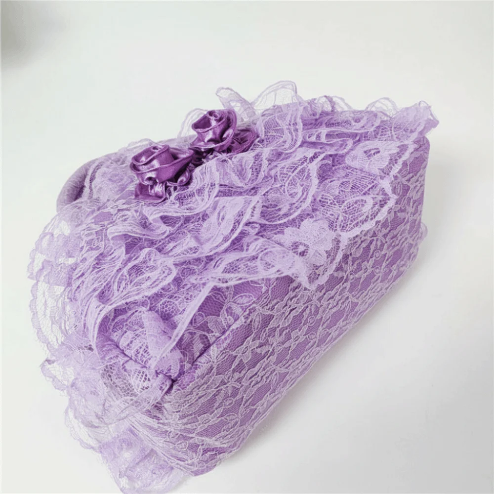 Polyester Material Ruffled Lace Handbag 3D Fabric Rose Multilayer Lolita Bag Zipper Closure Dome Top Handle Small Tote Bag