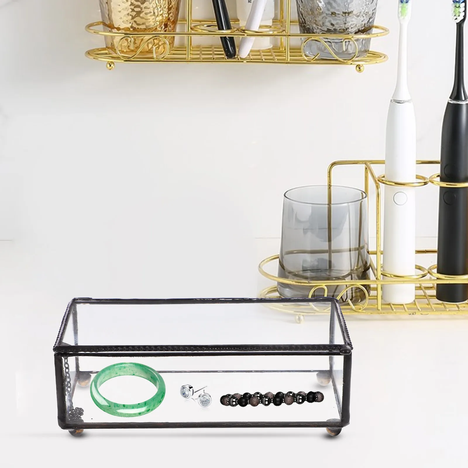 

Glass Vintage Jewelry Storage Box Iron Frame Transparent Window Multi Purpose Trinket Case for Jewelry Watches Perfume Lipstick