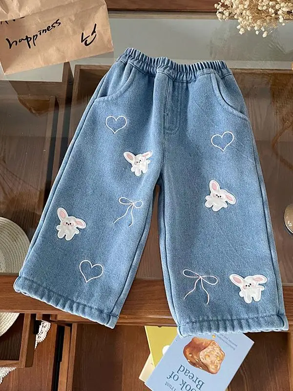 

Girls Fce Lined Versatile Denim Jeans Korean Sle Rabbit Embroidery Wide Leg Jeans Trendy Long Pants Cotton 95% Other 5%