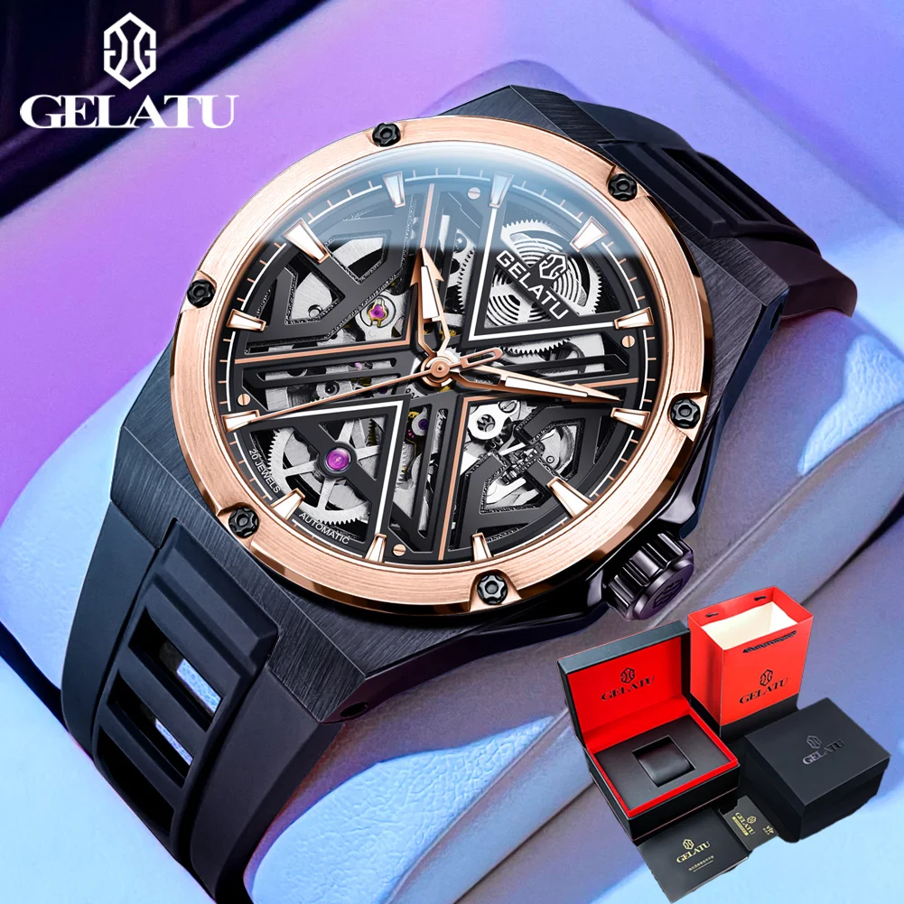 

GELATU Men's Automatic Mechanical Watch Luxury Brand Skeleton Sapphire Mirror Waterproof Silicone Strap Men's Watch Reloj Hombre