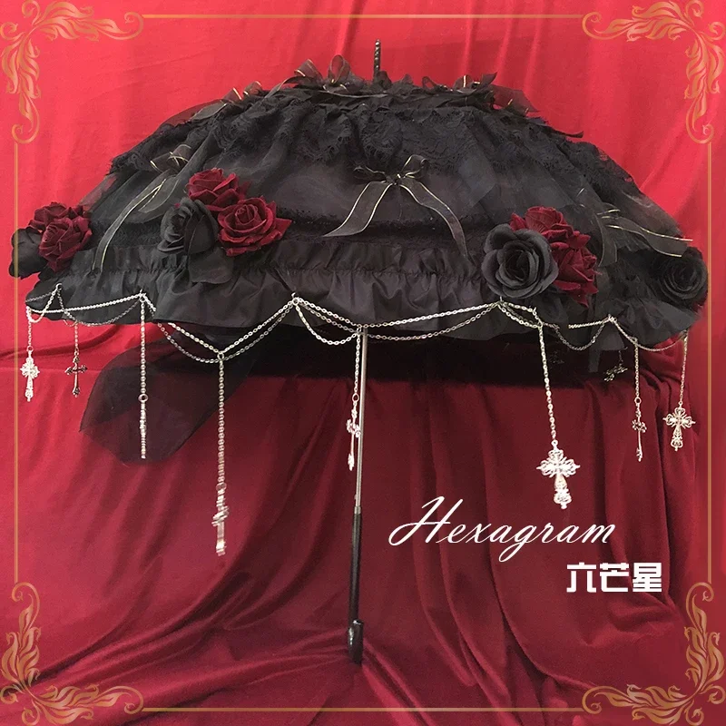 

Hexagram original lolita dark goth gay handmade lace rose cross tea party wedding umbrella
