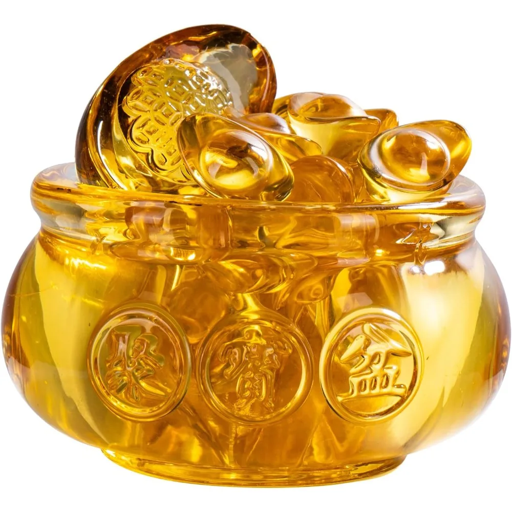 3.15" glass wealth bowl with 1 large & 42 small ingots, golden treasure basin feng shui money bowl for home office