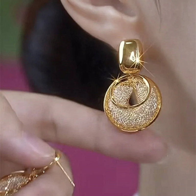 Vintage Metal Big Round Dangle Earrings for Women Exaggerated Gold Color Long Geometric Statement Earrings Jewelry 2024 New