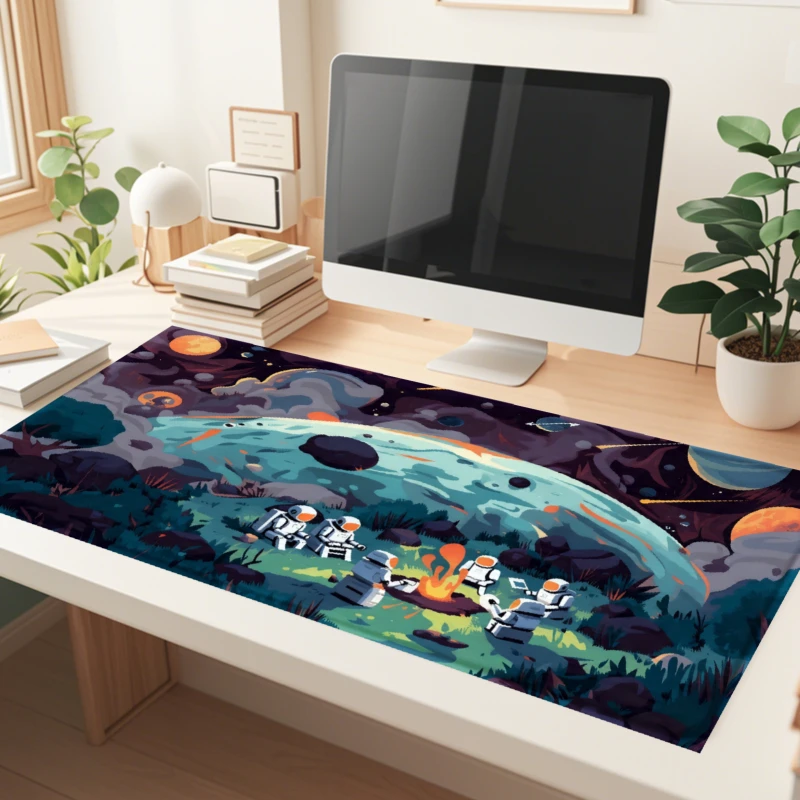 Mouse Pad And Mouse Mat, Astronauts Exploring Alien Planet with Colorful Space Landscape Print, Large Size for Desk Organization