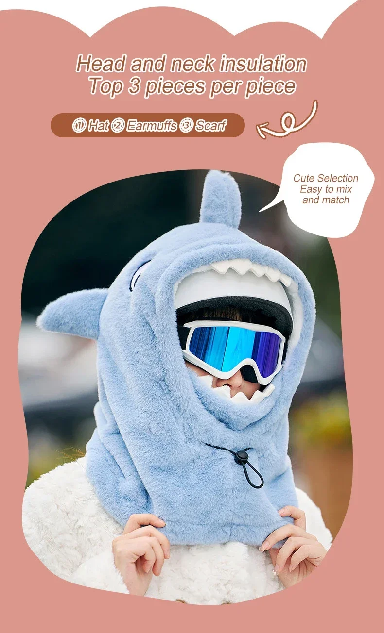 Cazqgoy Cartoon Haai Ski Helm Cover Winter Warm Comfortabele Zachte Fleece Skiën Hoofd Warmer Leuke Ski Helm Hood Nek, Blauw, L