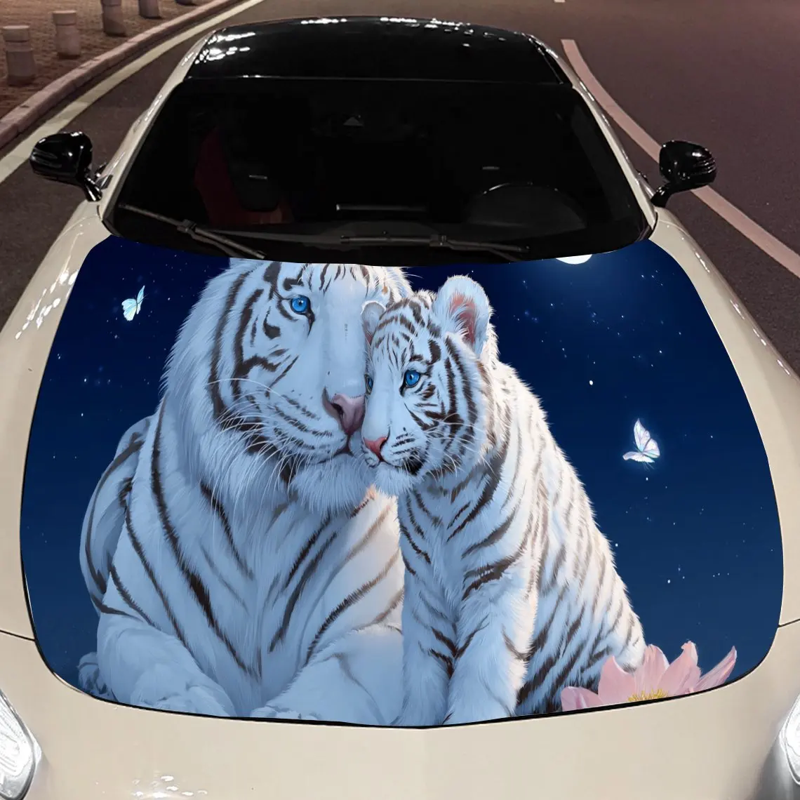 Elegant White Tigers Under Moonlight Car Engine Hood Sticker, Auto Vinyl Wraps, Waterproof Self-adhesive Vehicle Decal, Durable